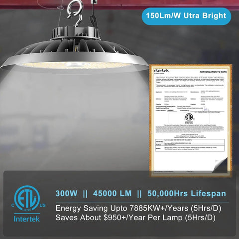 Ultra Bright LED Warehouse High Bay Light 300W UFO Shop Light 45000 Lumens, 100-277V, showing ETL certification and features