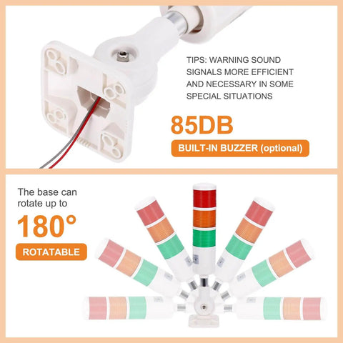 2 Layer LED Signal Warning Light Tower With No Buzzer 12 24V 10A Column Warning Tower, base showing 180-degree rotation feature.