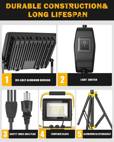 Ultra Bright 21000 Lumen 3 Head LED Work Light With Tripod Stand IP66 Waterproof details, including switch and plug.