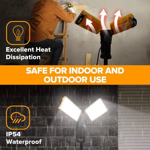 Upgraded 6290Pro 15000 Lumen 105 Watt Dual Head LED Work Light With Telescoping Tripod Stand in use indoors and outdoors