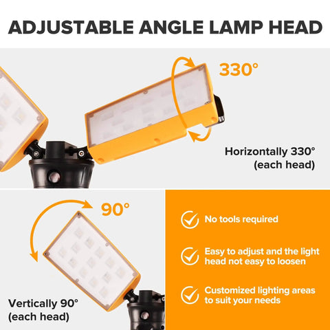 Adjustable angle lamp head on Upgraded 6290Pro 15000 Lumen 105 Watt Dual Head LED Work Light with 330° horizontal, 90° vertical rotation.