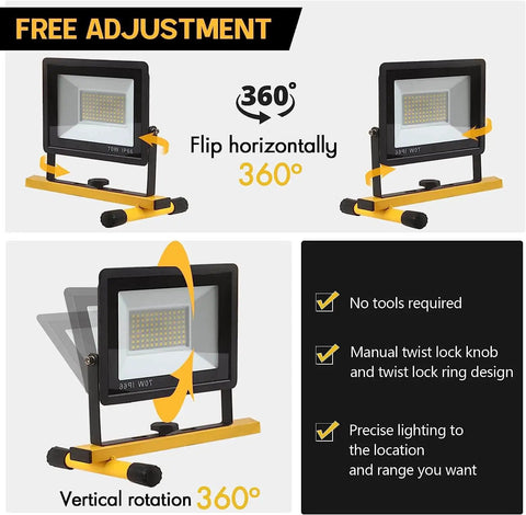 Ultra Bright 3 Head LED Work Light With Stand, 22000 Lumen Tripod Work Light For Outdoor And Indoor Job Sites, IP66 Waterproof, 6500K Daylight White, Foldable Adjustable Tripod For Garage Construction Site Lighting, showing horizontal and vertical adjustment features.