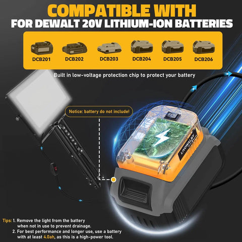 Heavy Duty 10000LM LED Work Light with Stand for Dewalt 20V Battery not included and compatible battery types shown.