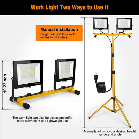 21000 Lumen LED Work Light With Stand, Dual Head Adjustable, Waterproof Foldable Tripod, Extended Cord, 6500 Kelvin Cool White Lighting For Outdoor And Indoor Job Sites, Workshops, Construction, Garage