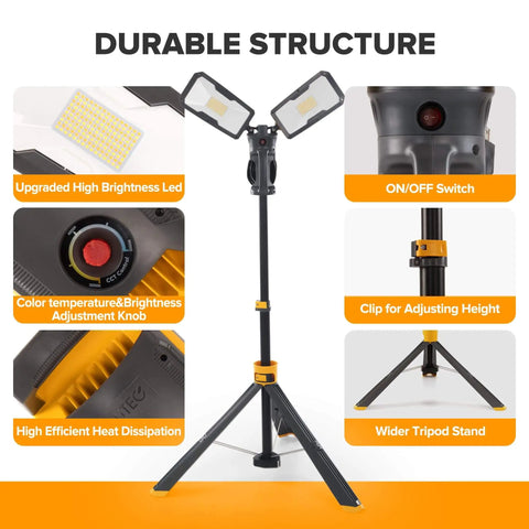 Ultra Bright LED Work Light With Telescoping Tripod, Beast Mode Brightness, Dual Head Design, 11000 Lumen, 92W Dimmable