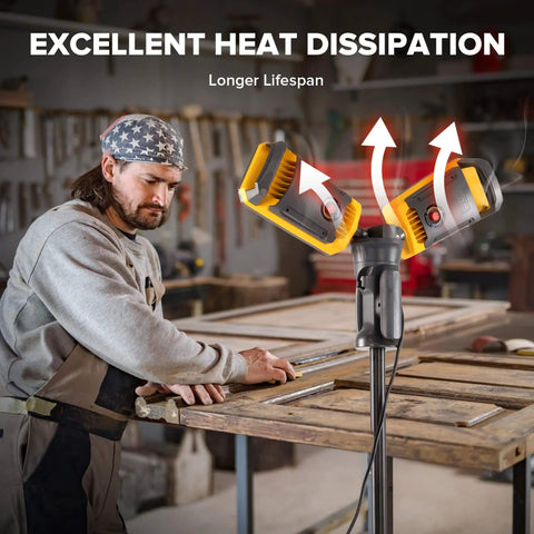 Ultra Bright LED Work Light With Telescoping Tripod, Beast Mode Brightness, Dual Head Design, 11000 Lumen, 92W Dimmable, Adjustable Color Temperature, Stand And 8 Foot Power Cord For Construction Garage Or Jobsite LUTEC in a workshop