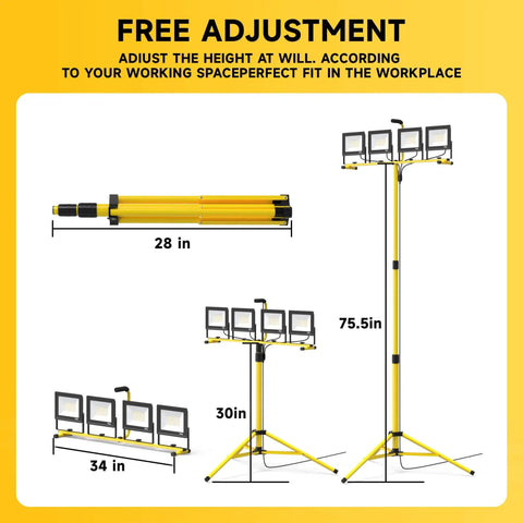 Ultra Bright Plug In LED Work Light With Stand 28,000 Lumen 110V Outdoor Flood Light With 4 Adjustable Heads Foldable Tripod