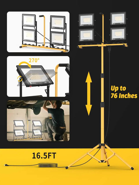 Ultra Bright 32000 Lumen LED Work Light With Stand And Remote on yellow tripod, four adjustable heads, 16.5ft cord shown