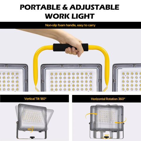30000 Lumen LED Work Light With Stand, adjustable yellow handle, showing vertical tilt and horizontal rotation capability