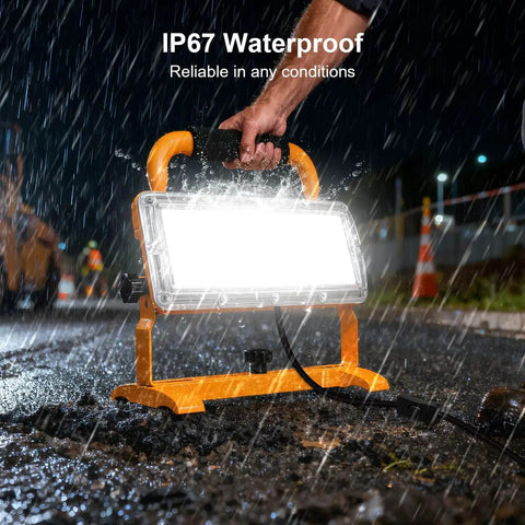 Bright 6500LM LED Work Light With Stand, 500W Equivalent Flood Light, IP67 Waterproof used in rainy jobsite condition