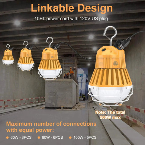 LED Temporary Work Light 48W 64W 80W Adjustable CCT shown installed with sturdy hooks, 10ft cable linkable job site lighting.