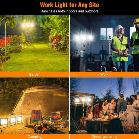 21000 Lumen LED Work Light With Stand, Dual Head Adjustable, Waterproof Foldable Tripod in garden, workshop, camping, and dinner settings