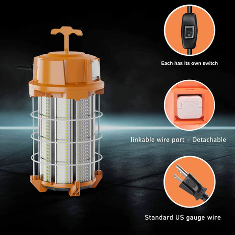 Ultra Bright 250W LED Temporary Work Light With 37,500 Lumens and 5000K Daylight, Portable Linkable IP65 Construction Lighting for Indoor and Outdoor Use, Durable Job Site Lighting With On Off Button, showing front view with linkable ports and switch