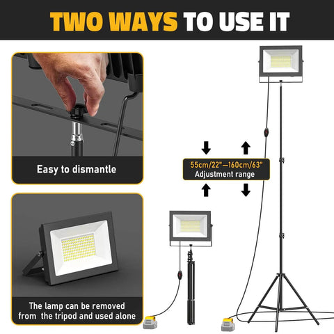 Massive 20000LM LED Work Lights With Stand For Dewalt Battery, adjustable tripod mount with detachable light feature.