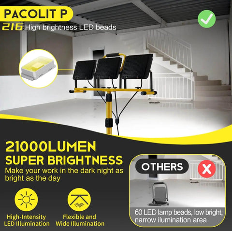 LED Work Light With Stand Pacolit P 21000 Lumen 3 Head Adjustable Individual Switches IP66 Waterproof Foldable Tripod 16.4 ft Cord