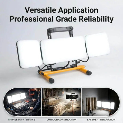 All In One LED Work Light With Stand For Night Jobs And Camping, 11000 Lumen Foldable Outdoor Light IP65 Waterproof, 3 In 1 64W Plus 32W Sides
