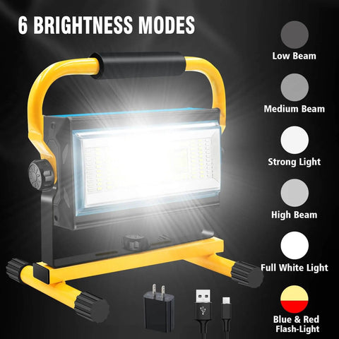 Rechargeable 100W LED Work Light with Beast Mode Brightness and 7000LM Output, six brightness modes displayed, cordless with stand