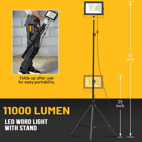 2 Pack LED Work Lights With Stand 110W 11000 Lumens Portable Tripod Flood Lights IP65 Waterproof And Adjustable Head