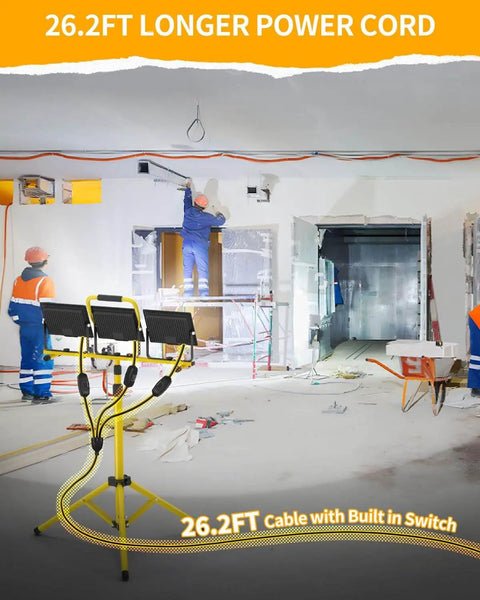 LED Work Light With Stand, 26400 Lumen Triple Head Portable Work Light On Foldable Tripod, 26 Ft Cord in use at job site