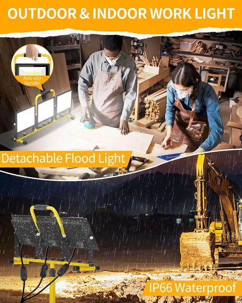 LED Work Light With Stand, 26400 Lumen Triple Head Portable Work Light On Foldable Tripod in workshop and construction site scenes