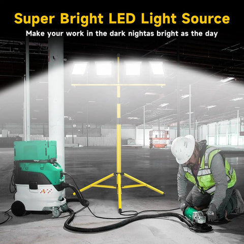 Ultra Bright Plug In LED Work Light With Stand 28,000 Lumen 110V Outdoor Flood Light With 4 Adjustable Heads in use at job site