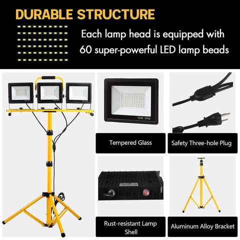 Ultra Bright 3 Head LED Work Light With Stand, 22000 Lumen Tripod Work Light For Outdoor And Indoor Job Sites