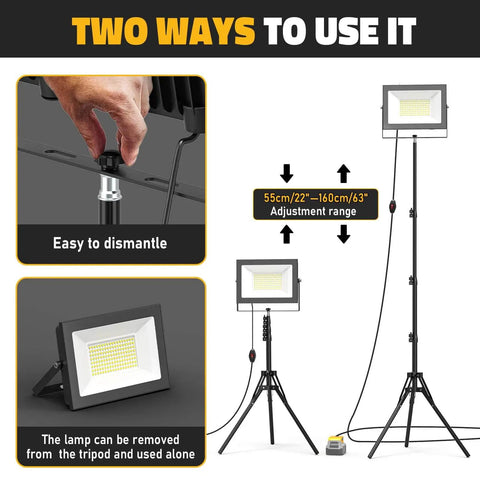 Heavy Duty 10000LM LED Work Light With Stand For Dewalt 20V Battery Not Included showing tripod adjustment and detachable light