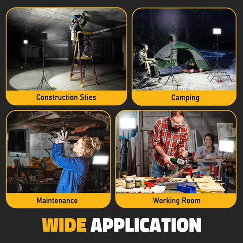Heavy Duty 10000LM LED Work Light With Stand For Dewalt 20V Battery Not Included 100W Portable Tower Flood Light On Tripod With 13Ft Cord For Workshop Construction Outdoor Job Site Lighting, showing usage in various settings including construction, camping, maintenance, and working room.