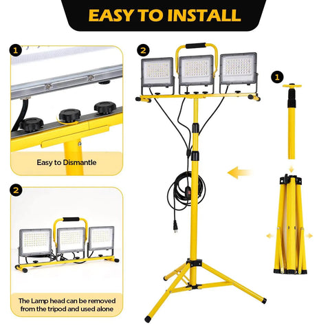 30000 Lumen LED Work Light With Stand shown with adjustable heads and foldable tripod for easy installation and outdoor use