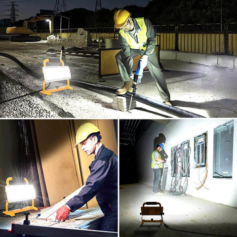 Bright 6500LM LED Work Light With Stand, 500W Equivalent Flood Light, IP67 Waterproof, illuminating construction sites at night.