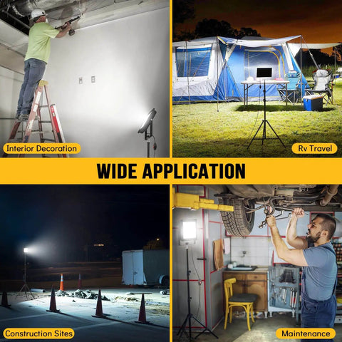2 Pack LED Work Lights With Stand 110W 11000 Lumens Portable Tripod Flood Lights IP65 Waterproof And Adjustable Head 13 Foot Cord Ideal For Job Site Workshop Garage Construction Lighting in various uses including interior decoration, RV travel, construction sites, and maintenance.