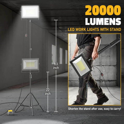 Massive 20000LM LED Work Lights With Stand For Dewalt Battery, shown mounted on tripod in a workshop setting.