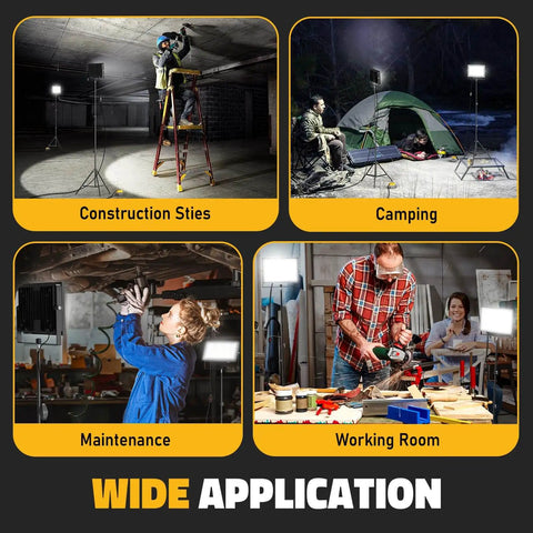 Massive 20000LM LED Work Lights With Stand For Dewalt Battery shown in use at construction sites, camping, maintenance, and working room.