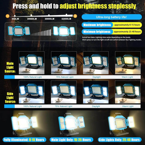 Solar Powered 52000 Lumen LED Work Light With 600W Main And Side Lights Foldable 52000mAh Rechargeable 3 Modes 360