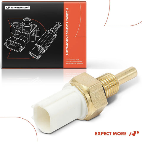 A-Premium left engine coolant temperature sensor with brass threaded body and white plastic connector, front view with packaging