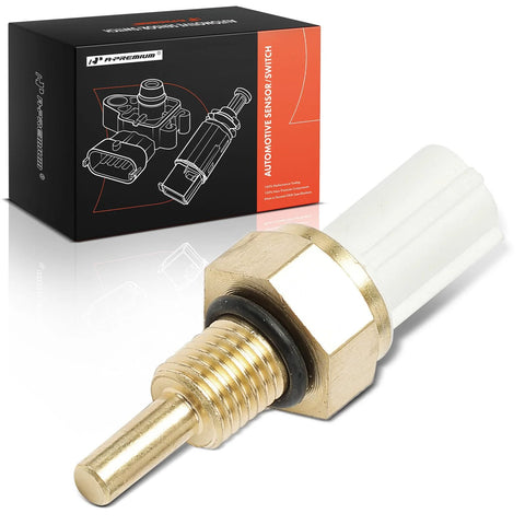 A-Premium left engine coolant temperature sensor; brass threaded fitting, white connector, for Honda/Acura vehicles.