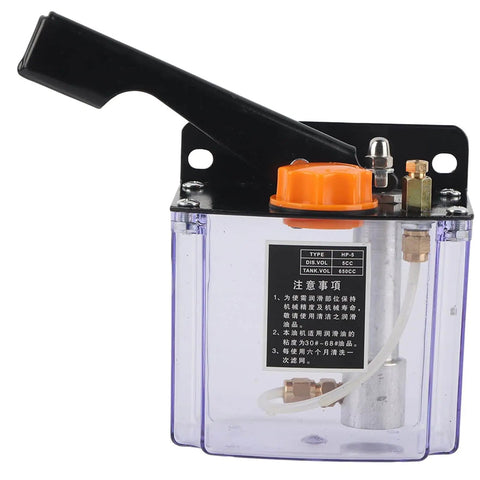 Left Hand Operated 5L Manual Lubricating Pump With 650cc Output for CNC Machine Tool Controlled Lubrication, clear tank, orange cap, left handle