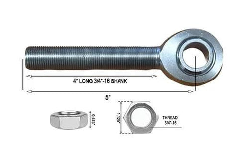 Left hand Heim joint rod end with 3/4 inch bore and 4 inch long shank, 3/4-16 threaded chromoly joint with jam nut