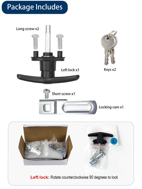 Package contents for Left T Handle Camper Shell Lock Replacement Kit For Truck Cap With Keys Durable Lock Latch For Truck Bed Topper Rear Door Fits Left Side Replacement Replaces Nonworking Locks With Secure Key Access.