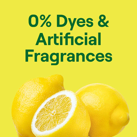 Lemons against yellow background with text '0% Dyes & Artificial Fragrances' related to Seventh Generation Dishwasher Detergent Liquid Gel