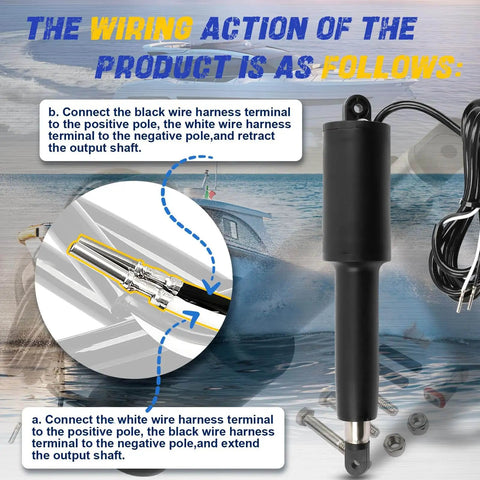 Premium Heavy Duty Replacement Trim Tab Actuator For Lenco 102 Series 12V with wiring instructions and marine background