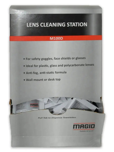 Lens Cleaning Station box with towelettes, silicone-free, for safety goggles and glasses, packed in a 100-count dispenser.