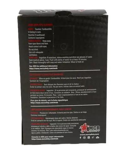 Back view of Lens Cleaning Towelettes Anti Fog Anti Static For Safety Eyewear 100 Wipes box showing instructions and MCR Safety logo.