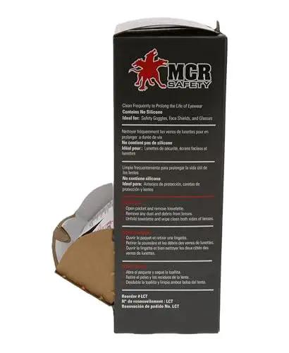 Box of Lens Cleaning Towelettes Anti Fog Anti Static For Safety Eyewear 100 Wipes, side view with instructions visible