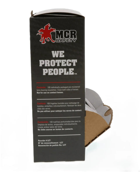 Lens Cleaning Towelettes Anti Fog Anti Static For Safety Eyewear 100 Wipes, box side view showing safety logo and text.