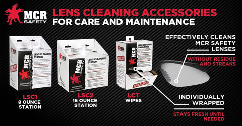 Lens Cleaning Towelettes Anti Fog Anti Static For Safety Eyewear 100 Wipes packaging display with features highlighted.