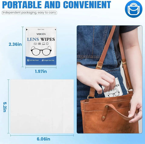 Person placing Premoistened Lens Cleaning Wipes For Glasses Phones And Cameras Pack Of 1000 into a brown bag, showing packaging size.
