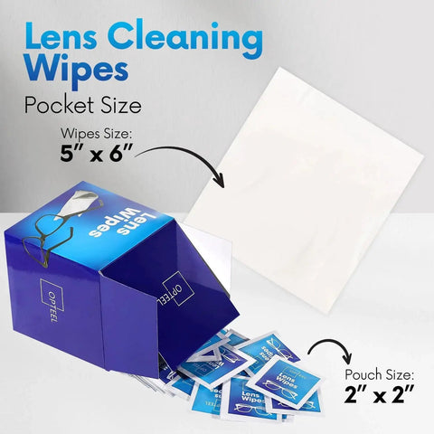Box of Lens Wipes for Eyeglasses and Camera Lenses Premoistened Scratch Free 500 Wipes with individual packets shown