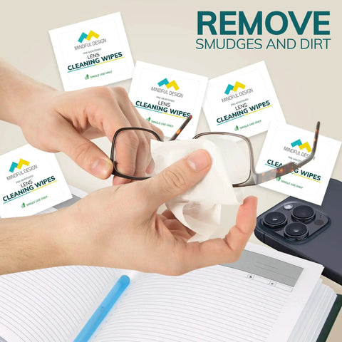Individually Wrapped Lens Cleaning Wipes 210 Count For Eyeglasses And Sunglasses used on glasses with packaging in view