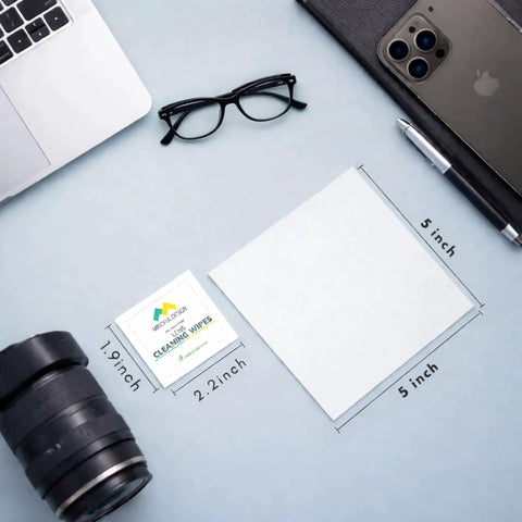 Individually Wrapped Lens Cleaning Wipes 210 Count For Eyeglasses And Sunglasses, Streak Free Optical Clarity On The Go, shown with dimensions.